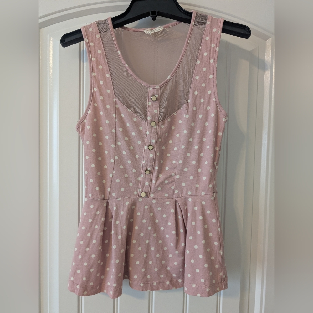 Small Pins and Needles Pink Polka Dot Peplum Mesh Button Front Tank Top - Picture 1 of 4